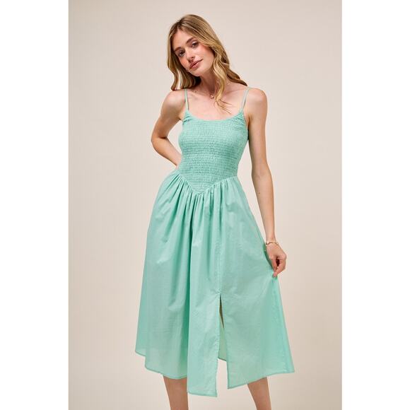 So Me Smocked Design Sleeveless Adjustable Spaghetti Strap Everyday Dress | Sage - Picture 6 of 7